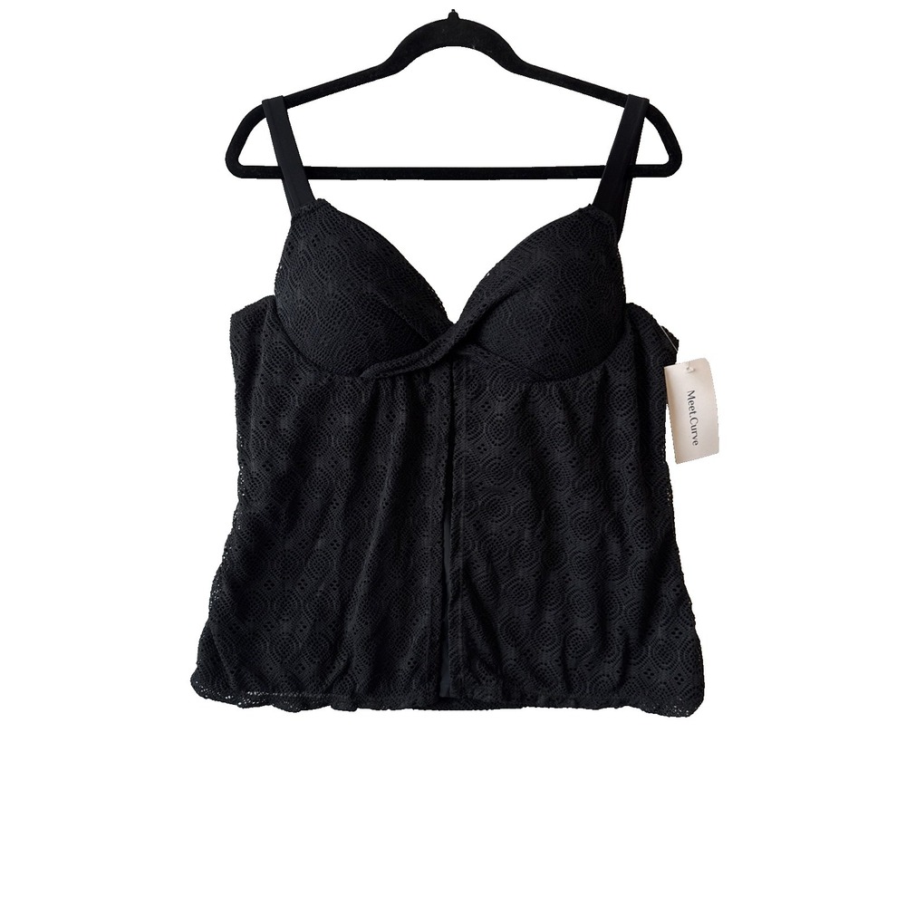 NWT Meet. Curve Black Lace Crochet Tankini Top Underwire Flyaway Boho 2XL Resort